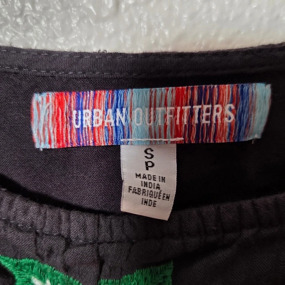 Urban Outfitters Black Embroidered Floral Tiered Mini Dress Boho Tie Strap Small